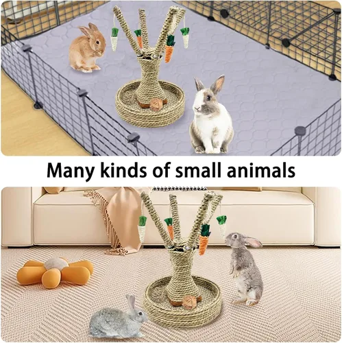 Vista 5 de Hamiledyi Juguetes para masticar conejo, ratán, rascador de hierba, trepador, árbol, divertido, árbol, zanahoria, juguetes para animales pequeños