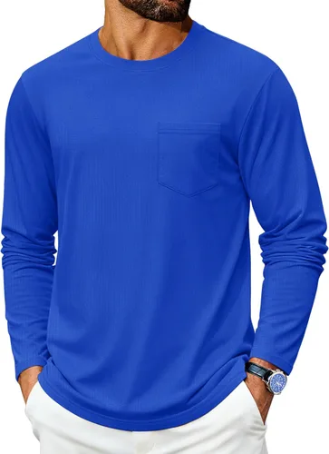 Vista 13 de Cotrasen Camisetas de manga larga para hombre de algodón con cuello redondo, camisetas T con bolsillo que absorben la humedad, suaves, cómodas