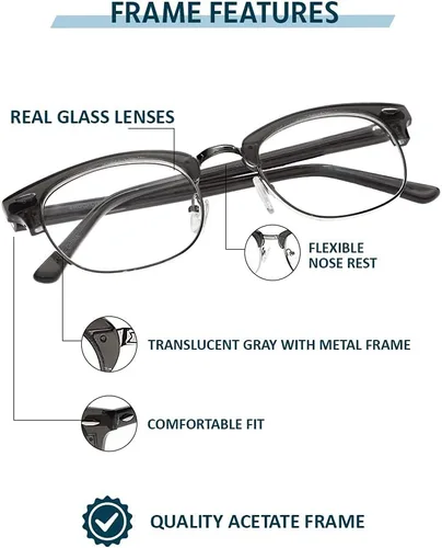 Vista 2 de Gafas de lectura de cristal real, marco estilo club con lentes de aumento transparentes, 1.00 a 3.00 dioptrías