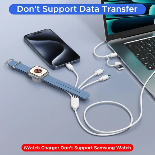 Vista 4 de Cable de carga múltiple 4 en 2 para cargador de Apple Watch, PD20W USB C+A, bloque de carga esencial de viaje con iWatch L/tipo C para iPhone 16 15