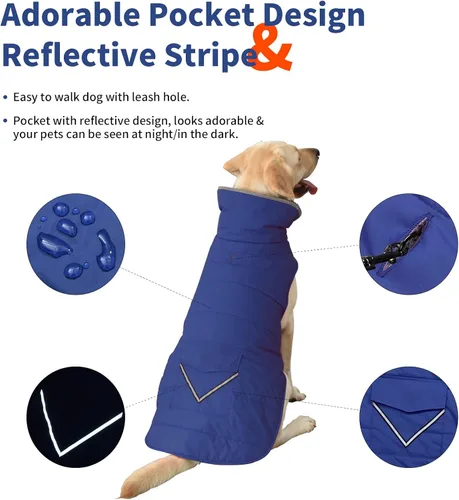 Vista 3 de Petglad Abrigo para perro, chaqueta de invierno impermeable para perro con bolsillo, chaleco reflectante ajustable para la nieve para mascotas