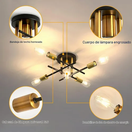 Vista 3 de UOFUS Lámpara de techo semiempotrada de 5 luces estilo casa de campo con lámpara E26 moderna lámpara de techo Sputnik negro mate y dorado