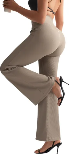 Vista 5 de RUUHEE Pantalones de yoga cruzados acanalados para mujer con bolsillos, cintura alta, acampanados, leggings acampanados