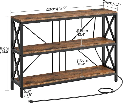 Vista 3 de Mesa consola de 47.2 pulgadas con estación de carga, mesa de entrada de 3 niveles, escritorio de sofá industrial, escritorio de pasillo con 2