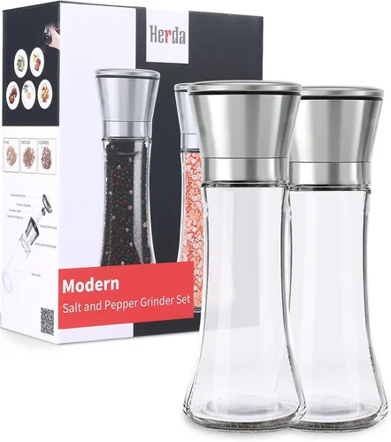 Vista 9 de Herda Molinillo de sal y pimienta, coctelera recargable de acero inoxidable cepillado 304, molinillo de sal marina y pimienta de cerámica ajustable