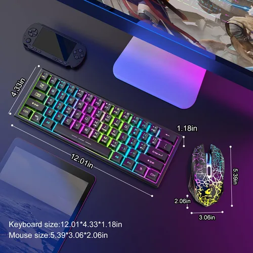 Vista 5 de Combo de teclado y mouse inalámbricos para juegos, teclado retroiluminado arcoíris de 61 teclas con recargable de 4000 mAh, sensación mecánica