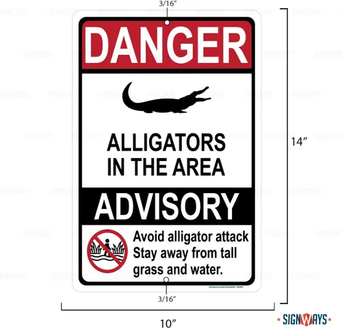 Vista 2 de Danger Alligators in Area Sign, Includes Holes, Non-Reflective 3M Quality, Laminated-Durable-Aluminum, 10"X14", Made in USA, Safety