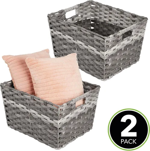Vista 2 de mDesign Cestas de almacenamiento para el hogar de cuerda trenzada rectangular ancha con asas, para organizar armario, dormitorio, baño, sala