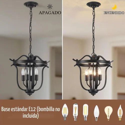 Vista 5 de Candelabro negro de granja, 4 lámparas de techo para comedor Lámpara colgante de jaula vintage para comedor, cocina, entrada, pasillo, vestíbulo