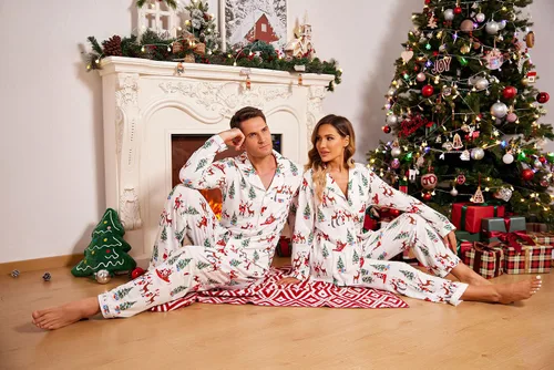 Vista 5 de Ekouaer - Conjunto de pijama de manga larga y botones, motivos navideños a juego para la familia, tallas de la S a la XXL