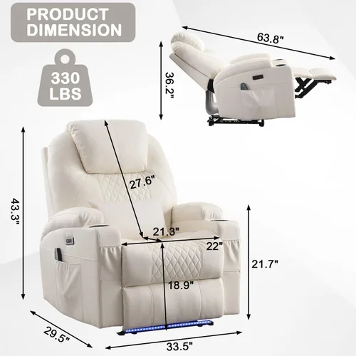 Vista 2 de Silla reclinable eléctrica con calor y masaje para adultos, asiento reclinable eléctrico de cine en casa con luces LED, portavasos, bolsillo