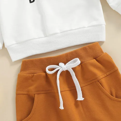 Vista 6 de wdehow Conjunto de 2 piezas para bebé niño pequeño, sudadera con estampado de letras + pantalones con cordón para otoño e invierno