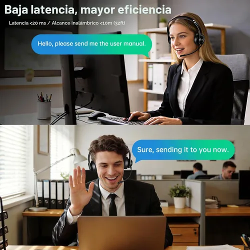 Vista 5 de Auriculares inalámbricos con micrófono para trabajo, auriculares de Negro