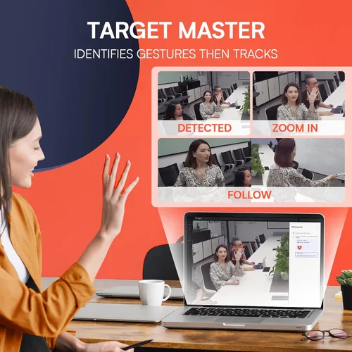Vista 2 de COOLPO Cámara web 4K de videoconferencia, enfoque inteligente de control de gestos, encuadre automático AI con FoV de 110°, reducción de ruido