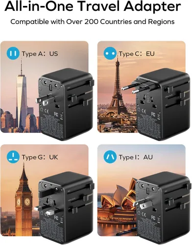 Vista 3 de MOMAX Adaptador de viaje universal de 70 W, adaptador de corriente internacional 6 en 1 con cable retráctil USB-C, adaptador de enchufe de CA dual