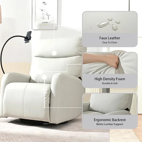 Vista 7 de Mecedora reclinable giratoria, mecedora de 270° con puertos USB para sala de estar, guardería, oficina, dormitorio, respaldo ergonómico, mecedoras