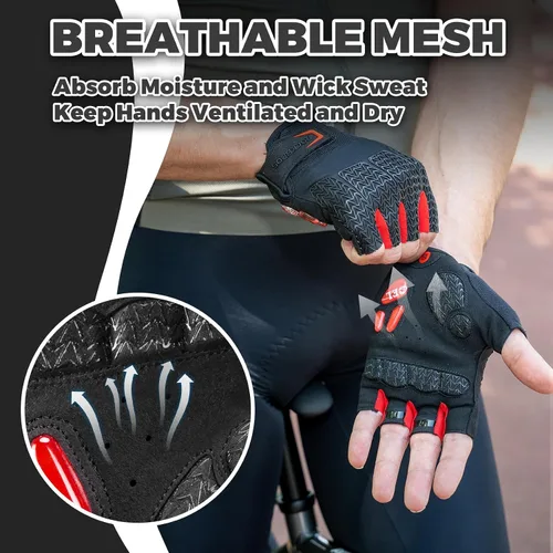 Vista 2 de ROCKBROS Guantes de ciclismo para hombres y mujeres con almohadilla antideslizante que absorbe los golpes, guantes de ciclismo sin dedos, ligeros