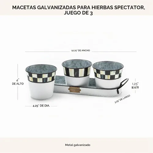 Vista 4 de MACKENZIE-CHILDS Macetas de hierbas galvanizadas con bandeja, macetas de hierbas de metal, juego de 3, espectador