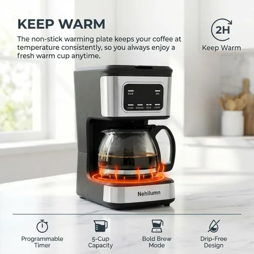 Vista 3 de Cafetera programable para 5 tazas, filtro reutilizable, indicador de nivel de agua transparente, apagado automático, cafetera negra y de acero