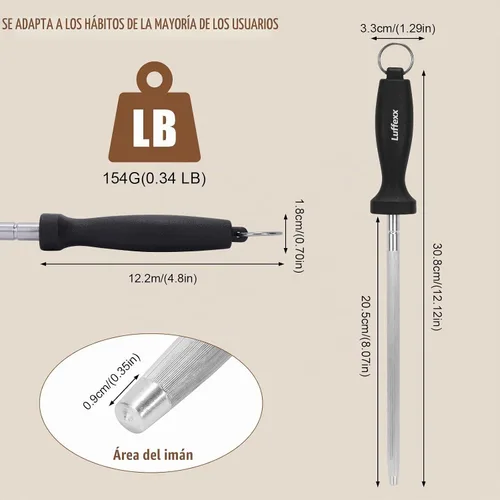Vista 7 de Varilla de afilar cuchillos profesional de 12 pulgadas, varilla de afilado de alto carbono para afilar el cuchillo rápidamente, afilador