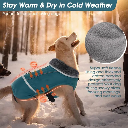 Vista 3 de QBLEEV Abrigo cálido para perro, chaqueta de invierno reflectante, impermeable, resistente al viento, ropa de cuello alto para perro para clima