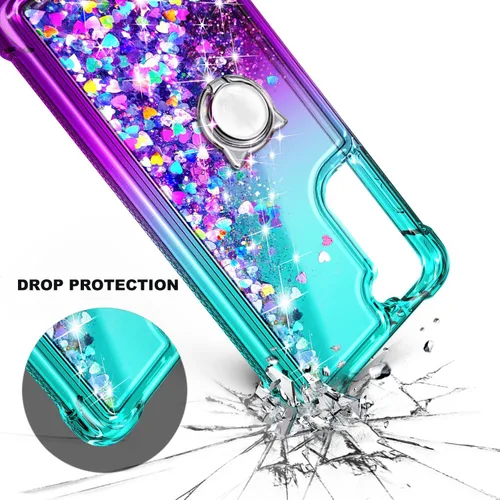 Vista 4 de Funda compatible con Samsung Galaxy S24-FE Aqua/Purple Funda líquida flotante con purpurina linda con protector de pantalla de vidrio templado
