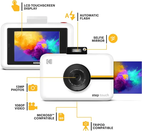 Vista 2 de Zink Kodak Step Touch Cámara digital de 13 MP e impresora instantánea con pantalla táctil LCD de 3.5 pulgadas, video HD de 1080p (blanco) paquete