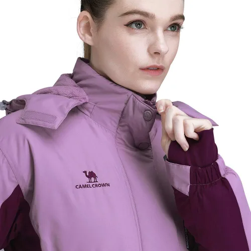 Vista 2 de CAMEL CROWN - Chamarra de esquí para mujer, impermeable, con capucha desmontable, rompevientos, forro polar, parka para lluvia