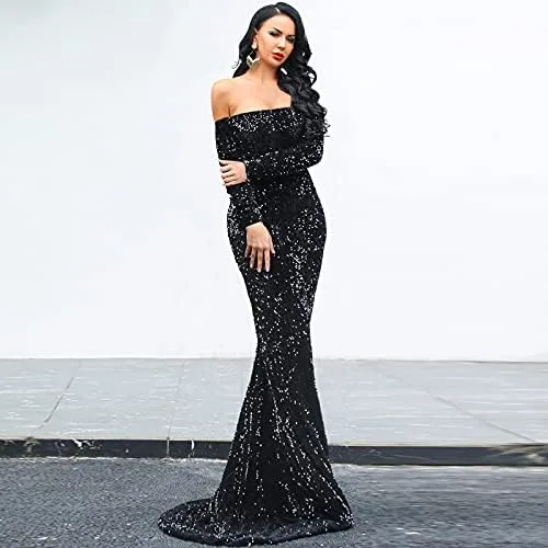 Vista 2 de VA Vestido largo de lentejuelas para mujer, con hombros descubiertos, manga larga, espalda descubierta, con lentejuelas, para boda, fiesta de noche