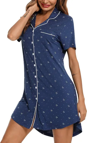 Vista 78 de Samring Camisón de pijama para mujer, manga corta/larga, con botones, camisón para dormir, camisón para novio, talla XXL