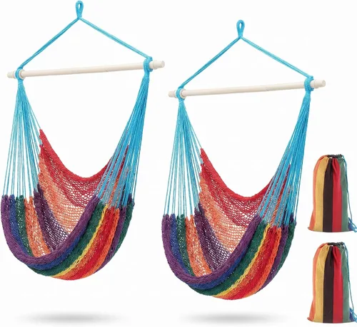 Vista 7 de Barydat - 2 sillas colgantes tipo hamaca estilo bohemio, para exteriores e interiores, cómoda cuerda de algodón suave con barras de metal Beige