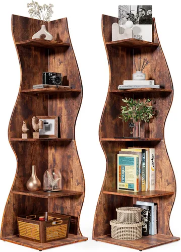 Vista 9 de LITTLE TREE Estantería de esquina pequeña, estantería moderna de esquina de pared de 5 niveles para libros, elegante librero estante