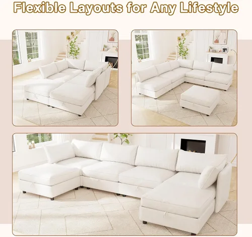 Vista 4 de 95.5" Sofá seccional modular de chenilla con almacenamiento oculto, sofá cama convertible en forma de L y U, sofá seccional moderno de 6 plazas