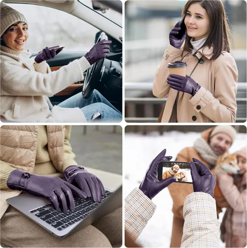 Vista 7 de Guantes de cuero de invierno para mujer, guantes de piel de cordero para pantalla táctil