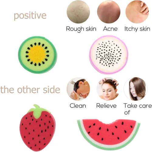 Vista 4 de 4 unids preciosas esponjas de baño en forma de fruta depuradores herramientas de baño para accesorios de ducha de baño