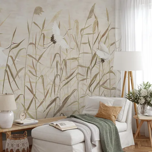 Vista 2 de Murwall Crane birds wallpaper Boho Grass Wall Mural Watercolor Pampas Landscape Wallpaper Soft Meadow with Chinese Birds Wallpaper