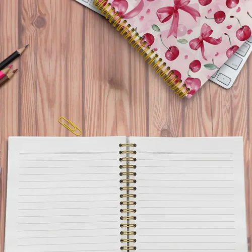 Vista 5 de Cuadernos de diario con lazos rosas de moda y cerezo, cuaderno en espiral preppy, lindo cuaderno de diario para niñas, suministros de oficina rosas