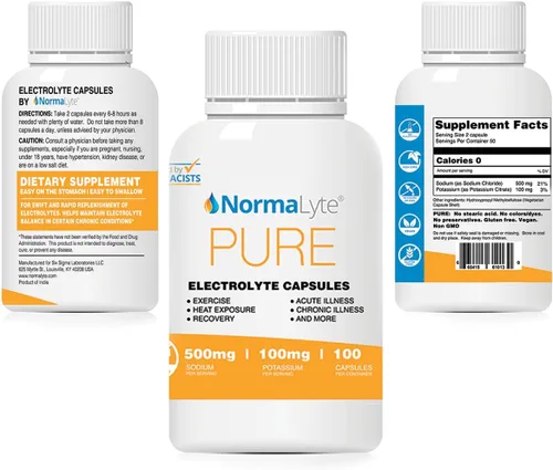 Vista 3 de NormaLyte Cápsulas de electrolitos, 100 unidades, pastillas de sal de hidratación Clinically studied formula, Unflavored, Hydration support, 500mg
