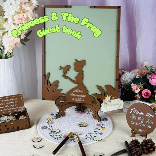 Vista 2 de Libro de invitados con tema de princesa de cuento de hadas Libro de invitados personalizado de decoración de rana príncipe para quinceañera