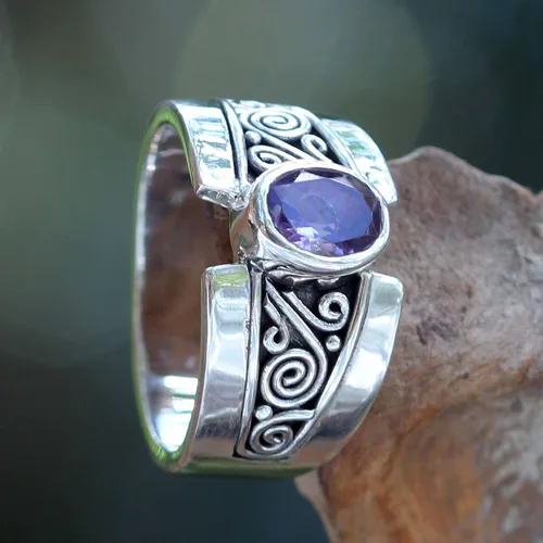 Vista 4 de NOVICA Anillo artesanal hecho a mano con amatista de plata de ley 925 con piedra natal púrpura de Indonesia 'Purple Karma