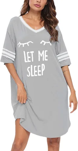 Vista 2 de Camisas de dormir para mujer, de manga corta, de algodón, con cuello en V, camisones de gran tamaño, lindo camisón estampado
