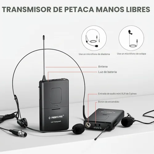 Vista 5 de Phenyx Pro PTV-2000-2H2B sistema de micrófono inalámbrico VHF de 4 canales 2 micrófonos de mano, 2 bodypacks, micrófonos de solapa/auriculares