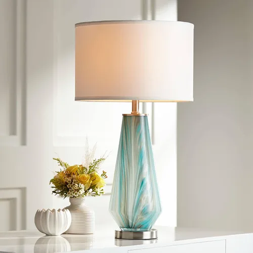 Vista 8 de Possini Euro Design Jaime - Juego de 2 lámparas de mesa modernas de 26 pulgadas de alto, diseño de remolinos azules y grises ahumados, tela blanca