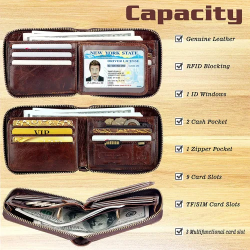 Vista 4 de Admetus - Cartera de piel auténtica para hombre con cremallera, plegable