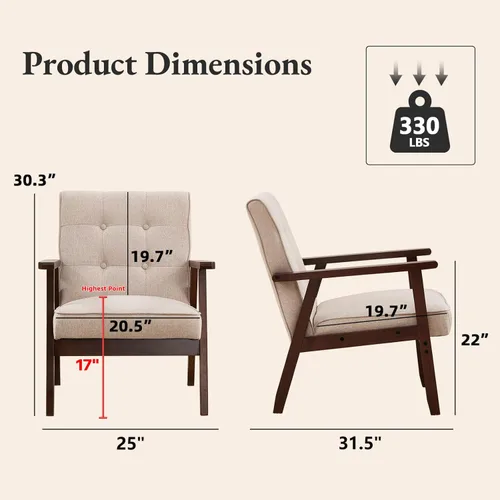 Vista 2 de Bonzy Home - Silla con acentos modernos de mediados de siglo, sillón tapizado de tela con marco de madera maciza, cómoda silla de ocio retro