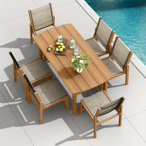 Vista 19 de Mesa de comedor rectangular para exteriores, mesa de polietileno de alta densidad resistente para 6, mesa de patio resistente a la intemperie