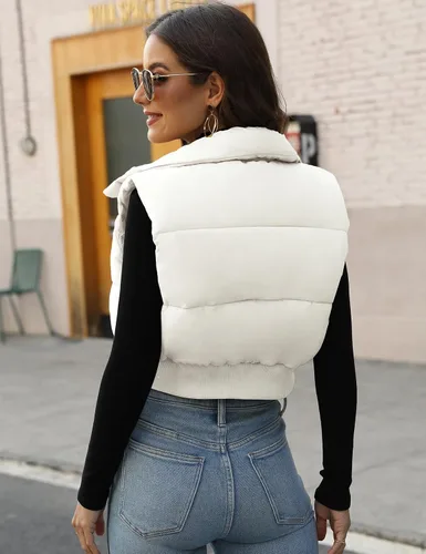 Vista 4 de Gihuo Chaleco acolchado recortado para mujer, sin mangas, chaqueta acolchada, chaleco acolchado para invierno, con cremallera completa, abrigo