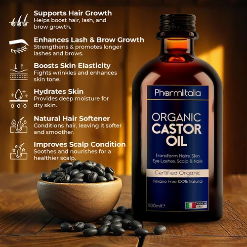 Vista 2 de Pharmlitalia Aceite de ricino orgánico prensado en frío sin refinar, aceite de ricino dorado orgánico para cara, cuero cabelludo, pestañas, cuidado