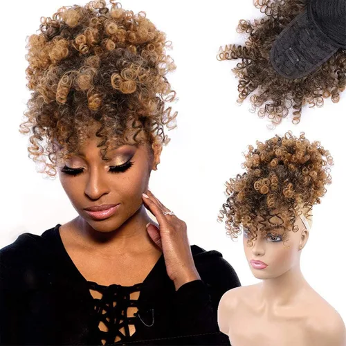 Vista 18 de Cola de caballo con cordón y flequillo, extensiones de cola de caballo afro para mujer, cola de caballo corta y rizada con flequillo con clip para 1b