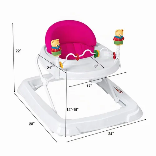 Vista 9 de Andador de bebé con ruedas para niños y niñas Andador plegable con juguetes para caminar y altura ajustable de 3 niveles, cómodo caminador de Rosa